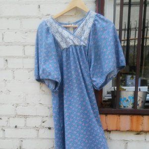 Vintage Blue Floral Prairie Dress with Lace, Long